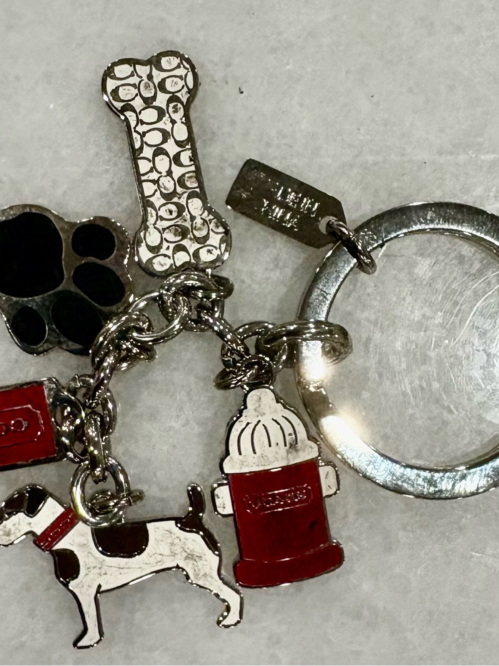 Coach Silver-Tone Keychain with Red Enamel Hydrant & Dog Charms